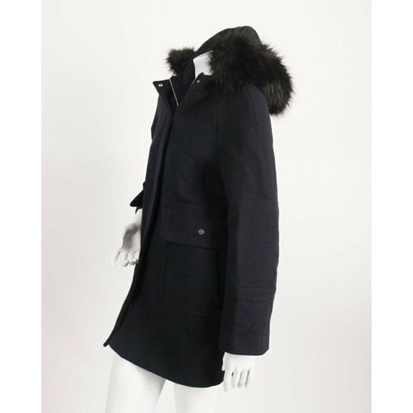 Zara Womens Navy Blue Wool Coat Jacket S Faux Fur - Picture 4 of 8